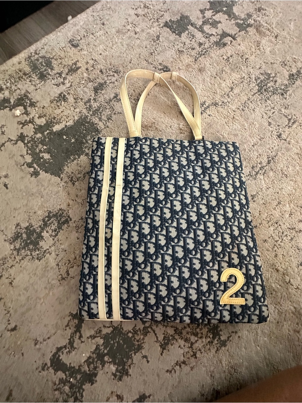 Vintage Dior Blue Monogram Canvas Tote with Cream Stripes and Number 2 Patch